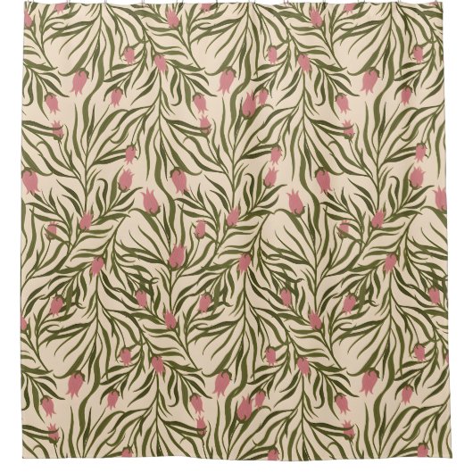 Stylized pink bell-shaped floral pattern シャワーカーテン (正面)