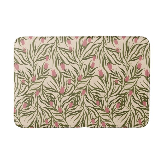 Stylized pink bell-shaped floral pattern バスマット (正面)