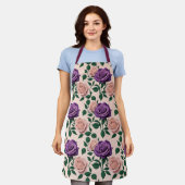 Stylized Purple Roses With Green Accents エプロン (着用した状態)