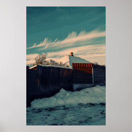 Stylized Winter Snow Teal Sky Landscape Art ポスター