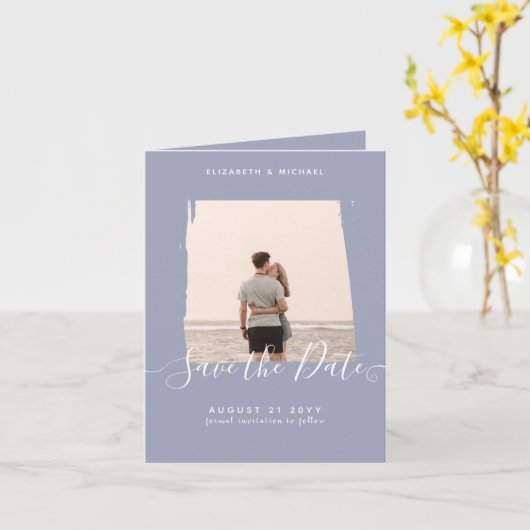 Sublime Minimalist PHOTO Save The Date Dusty Blue カード (黄色い花)