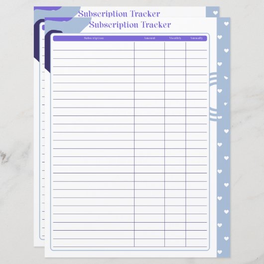 Subscriptionトラッカーのページ – 月払いまたは年払い (正面/裏面)