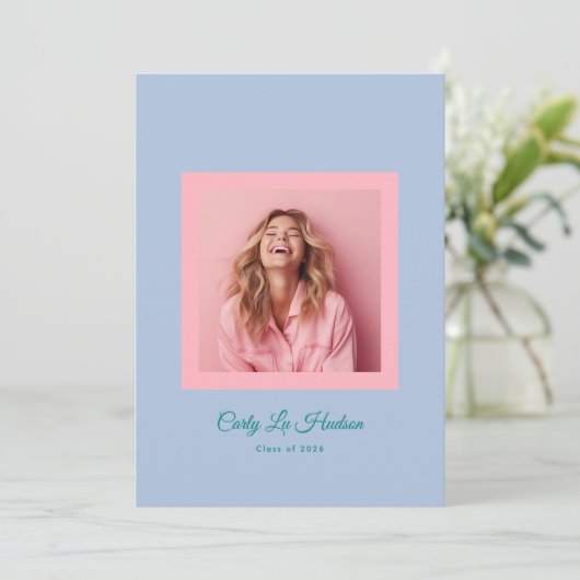 Subtle Blue Pink High School Photo Grad 案内状 (スタンド正面)