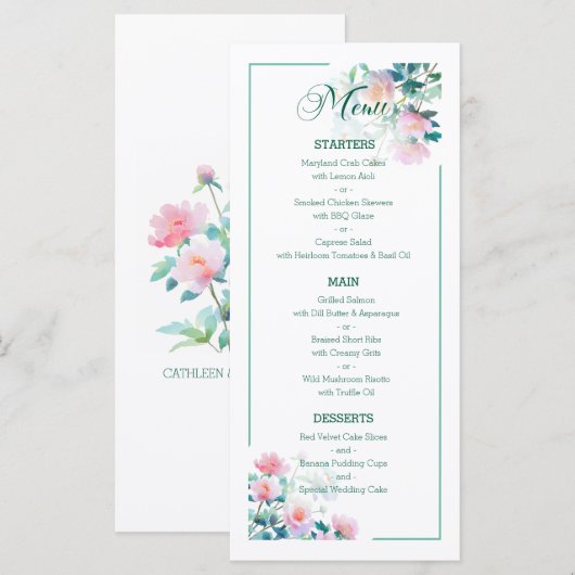 Subtle Botanical Blush Pink Peony Flowers Wedding メニュー (正面/裏面)