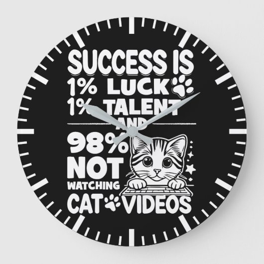Success vs Cat Videos – 可愛おもしろいいやる気を起こさせる ラージ壁時計 (正面)