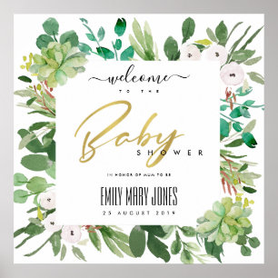 SUCCULENT FOLIAGE WATERCOLOR BABY SHOWER WELCOME ポスター