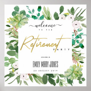 SUCCULENT FOLIAGE WATERCOLOR RETIREMENT WELCOME ポスター