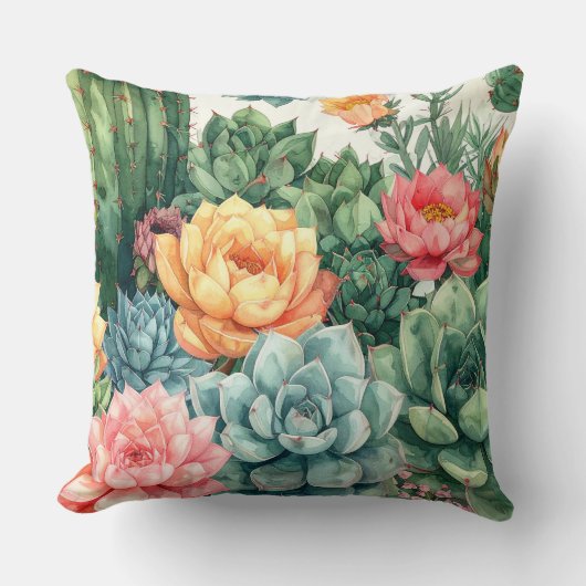 Succulent Garden Pillow - Cactus Botanical Plant  クッション (正面)