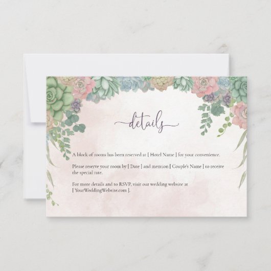Succulent Green and Blush Wedding Details Card サンキューカード (正面)