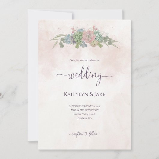 Succulent Green and Blush Wedding Invitation 招待状 (正面)