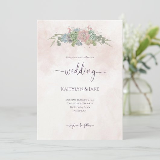 Succulent Green and Blush Wedding Invitation 招待状 (スタンド正面)