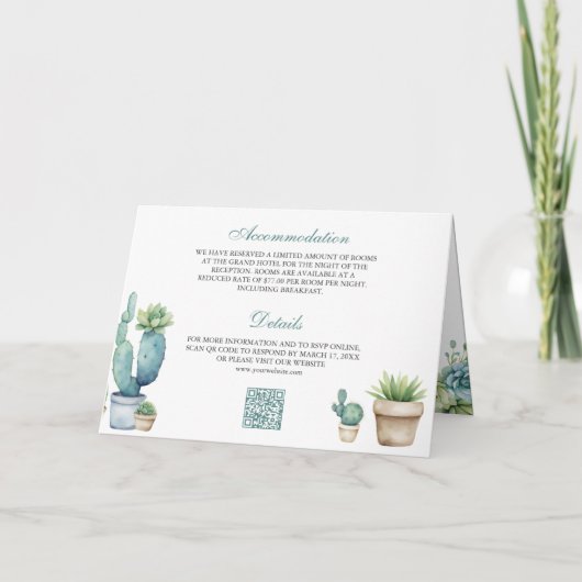 Succulent Greenery Cactus Photo QR Code Wedding 招待状 (裏面)