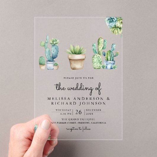 Succulent Greenery Cactus Pots Wedding アクリル招待状 (インサイチュ (ポータブル))