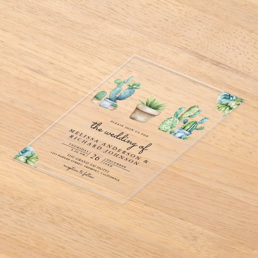 Succulent Greenery Cactus Pots Wedding アクリル招待状 (レイダウン)