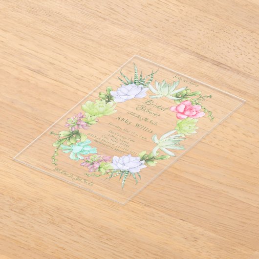 Succulent Greenery Wreath Bridal Shower  アクリル招待状 (レイダウン)
