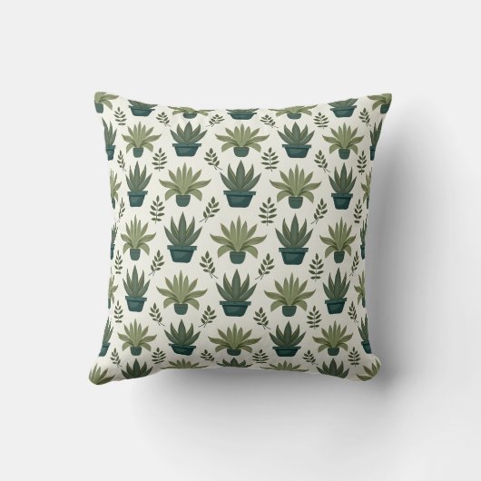 Succulent Grid Pattern – Modern Botanical Tile  クッション (裏面)