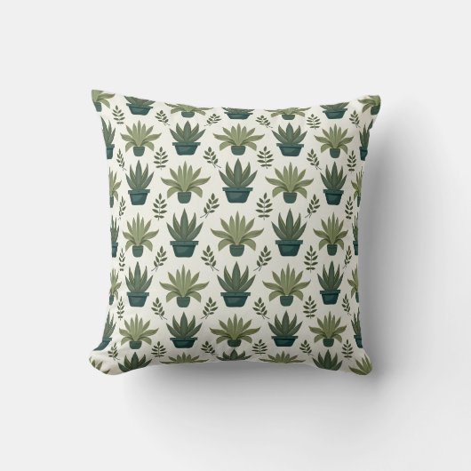 Succulent Grid Pattern – Modern Botanical Tile  クッション (正面)
