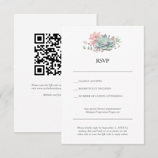 Succulent Hybrid Wedding RSVP Card with QR Code 招待状 (正面/裏面)