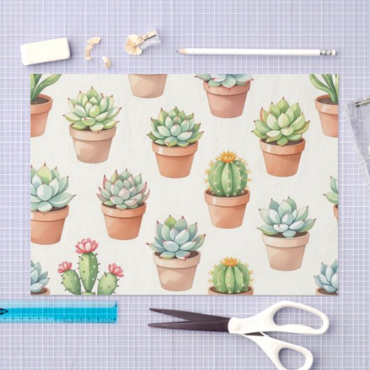 Succulent Plants Seamless Pattern Terracotta Pots 薄葉紙 (クラフト)