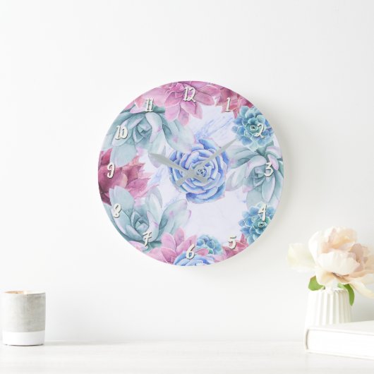 Succulentsのモダンでシックなフェスタの庭の花の白 ラージ壁時計 (ホーム)