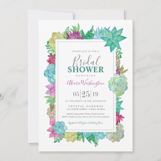 Succulentsの明るい水彩画によってはブライダルシャワーが開花します 招待状 (正面)