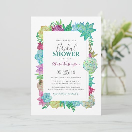 Succulentsの明るい水彩画によってはブライダルシャワーが開花します 招待状 (スタンド正面)
