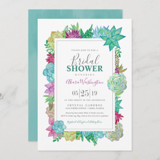 Succulentsの明るい水彩画によってはブライダルシャワーが開花します 招待状 (正面/裏面)
