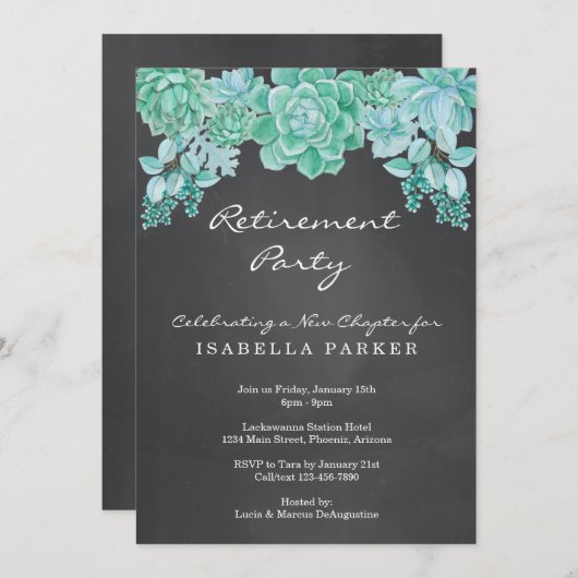 Succulentsの黒板の退職のパーティの招待状 招待状 (正面/裏面)