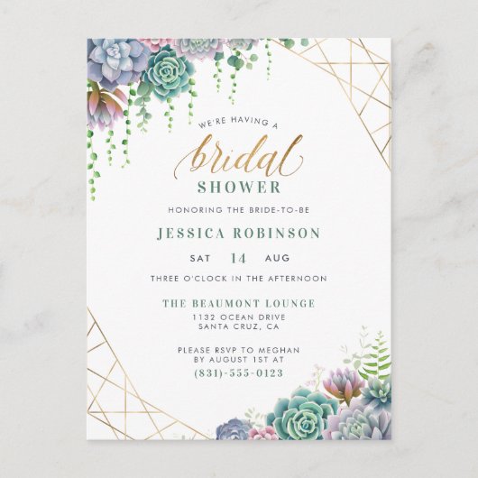 Succulents金ゴールドフレーム&シックスクリプトブライダルシャワー インビテーションポストカード (正面)