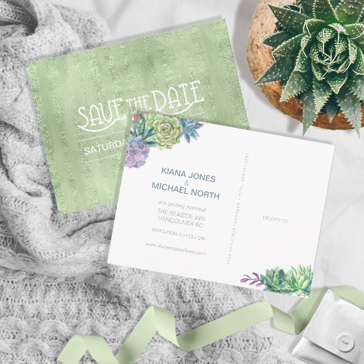 「Succulents and Sparkle Save the Date Green ID515」 案内ポストカード