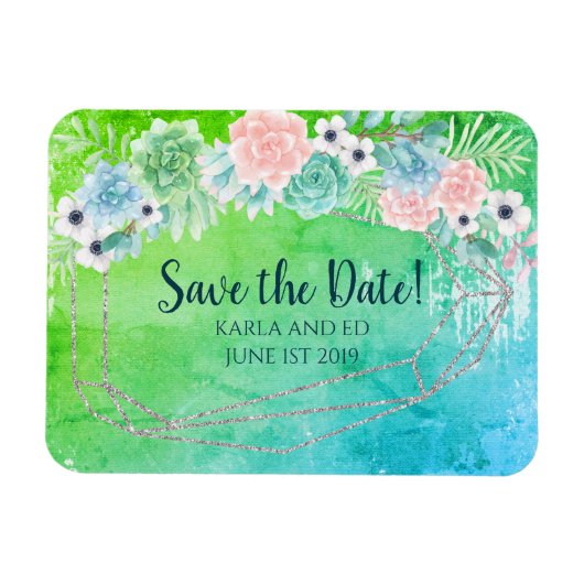  Succulents Save the Date ジオメトリック マグネット (横)