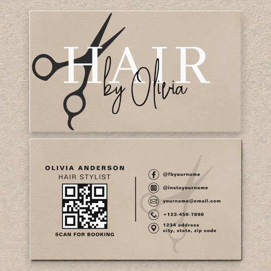 Suede Neutral Scissors QR Code Hair Stylist  名刺