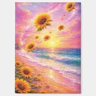 Sueño Marino de Girasoles: Atardecer en la Playa マグネット