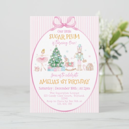 Sugar Plum Christmas Nutcracker Pink Bow Birthday 招待状 (スタンド正面)