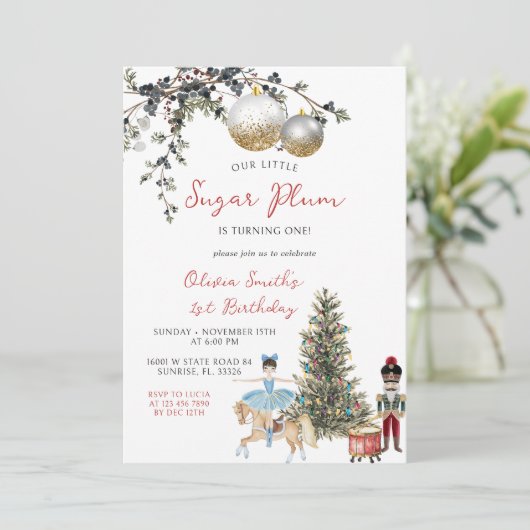 Sugar Plum Fairy Ballerina Nutcracker 1st Birthday 招待状 (スタンド正面)
