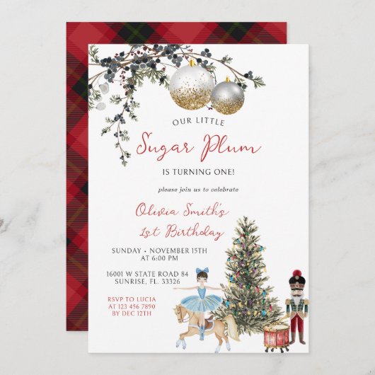 Sugar Plum Fairy Ballerina Nutcracker 1st Birthday 招待状 (正面/裏面)