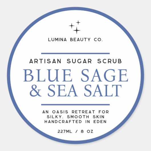 Sugar scrub label simple blue sage white ラウンドシール (正面)