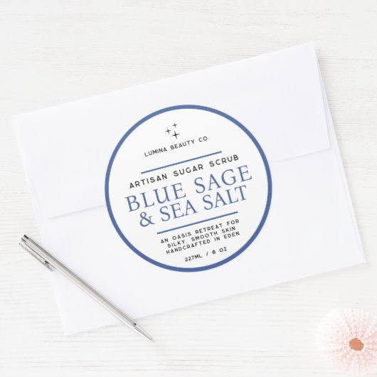 Sugar scrub label simple blue sage white ラウンドシール (封筒)