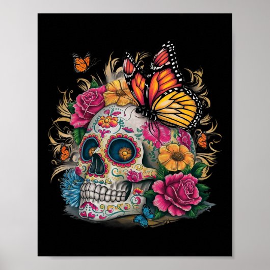Sugar Skull Butterfly Day Of Dead Halloween Dia De ポスター (正面)