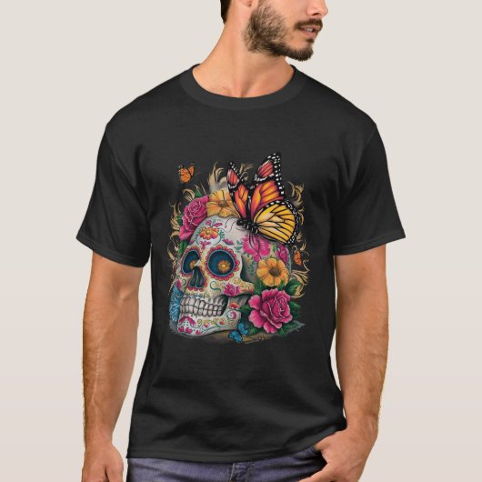 Sugar Skull Butterfly Day Of Dead Halloween Dia De Tシャツ (正面)