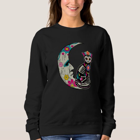 Sugar Skull Cat Moon Dia De Los Muertos Mexican Da スウェットシャツ (正面)