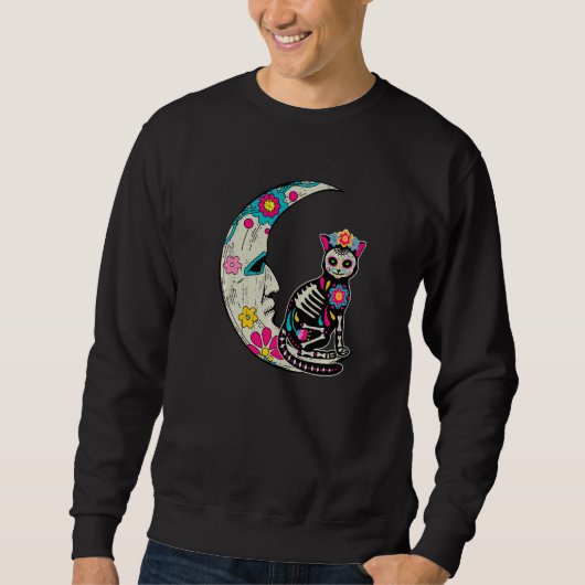 Sugar Skull Cat Moon Dia De Los Muertos Mexican Da スウェットシャツ (正面)