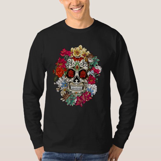Sugar Skull Day Of Dead Dia De Los Muertos Flowers Tシャツ (正面)