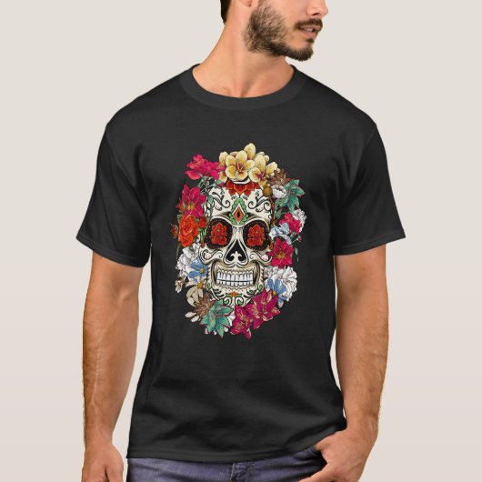 Sugar Skull Day Of Dead Dia De Los Muertos Flowers Tシャツ (正面)