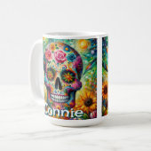 Sugar Skull Day of the Dead Floral Personalized コーヒーマグカップ (正面左)