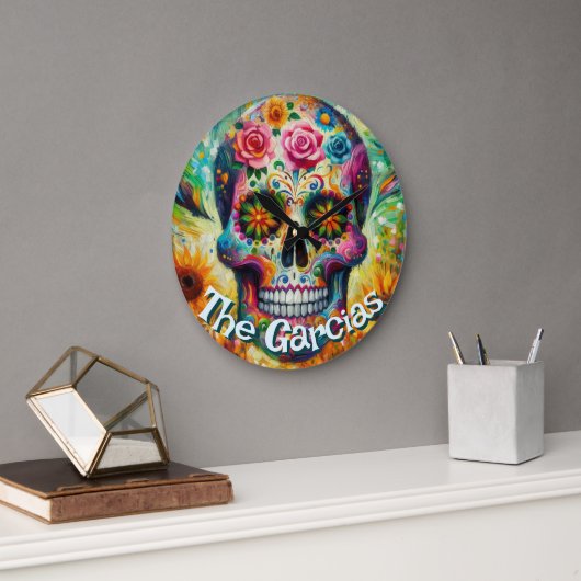 Sugar Skull Day of the Dead Floral Personalized ラージ壁時計 (オフィス)