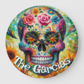 Sugar Skull Day of the Dead Floral Personalized ラージ壁時計 (正面)