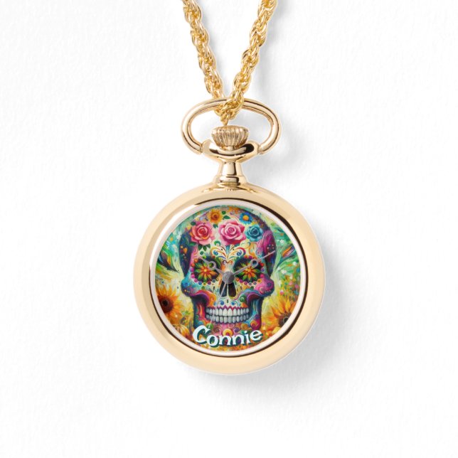 Sugar Skull Day of the Dead Floral Personalized 腕時計 (正面)