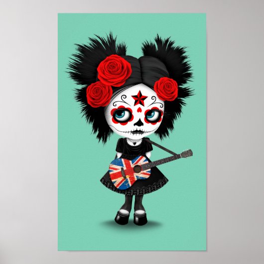 Sugar Skull Girl Playing Union Jack Guitar ポスター (正面)