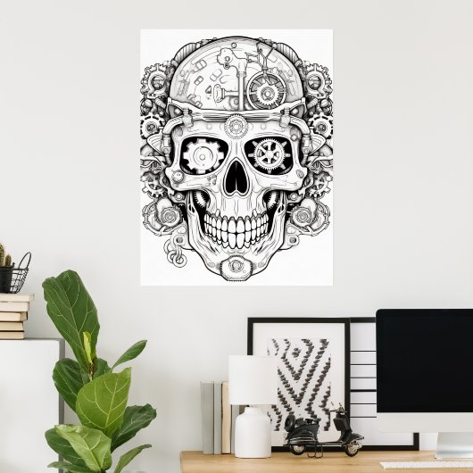 Sugar Skull Image Black + White on a Wall ポスター (ホームオフィス)